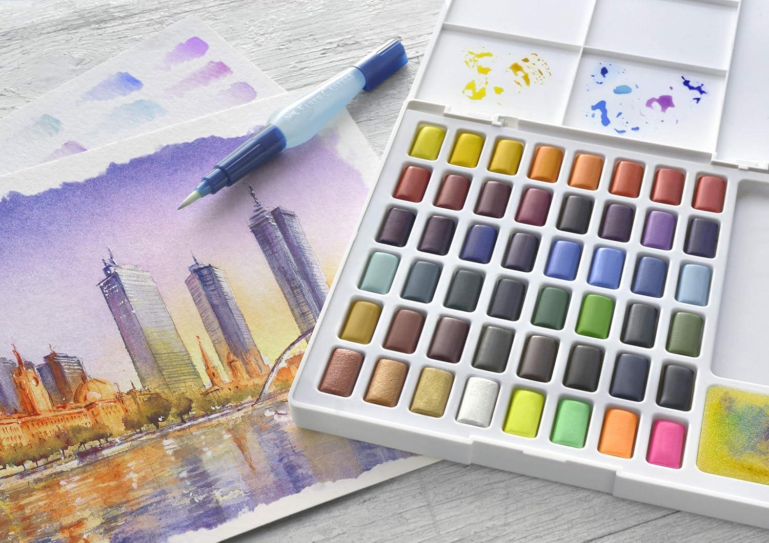 imageFaberCastell Creative Studio Portable Watercolor Palette  24 Water Colors In Half Pans with Travel Watercolor Brush 24 Colors1 Count Pack of 1