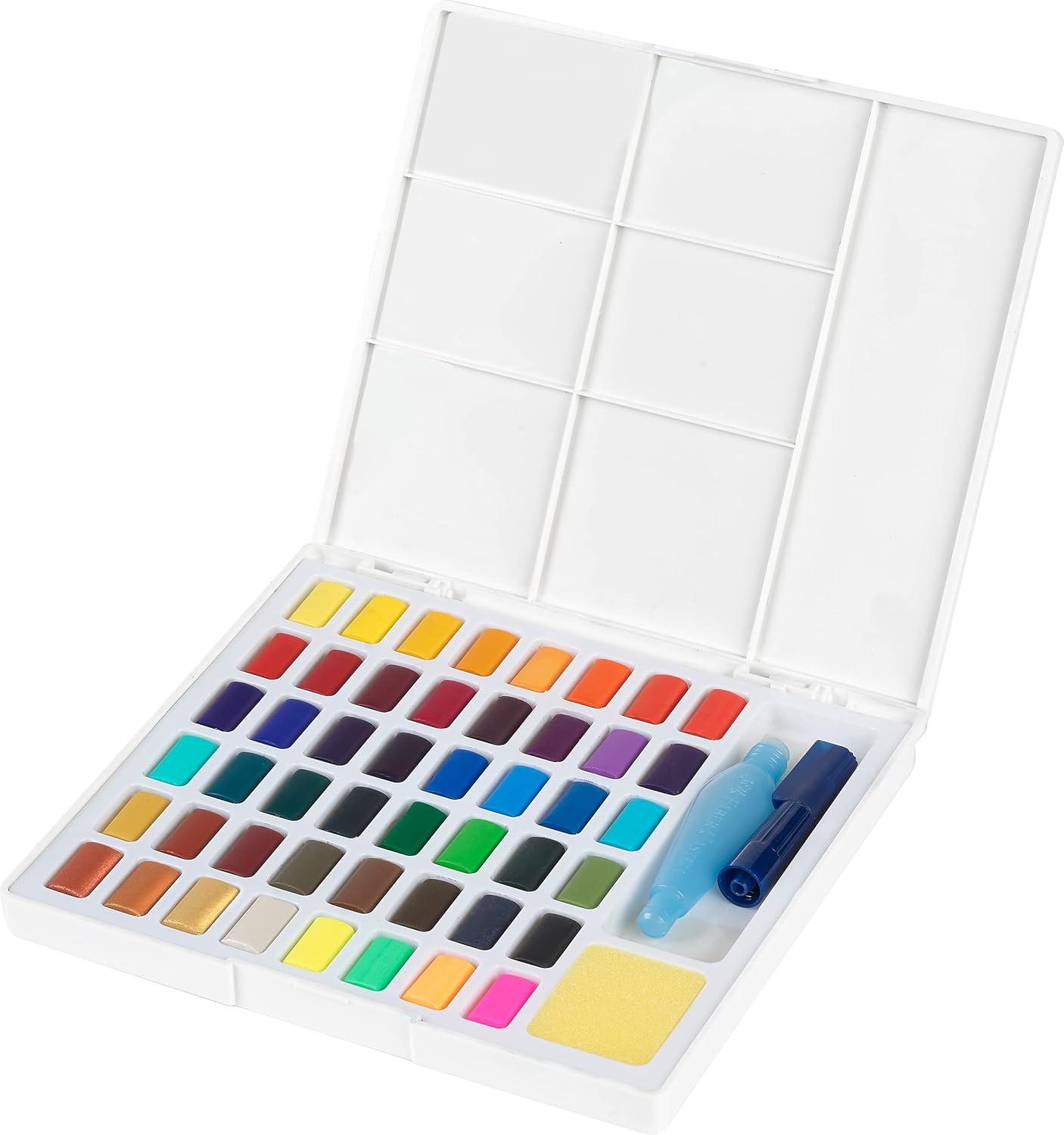 imageFaberCastell Portable Watercolor Palette Paint Set  48 Water Colors in Half Pans with Mixing Palette and Painting Accessories Travel Watercolor Brush and Sponge1 Count Pack of 1