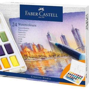 imageFaberCastell Creative Studio Portable Watercolor Palette  24 Water Colors In Half Pans with Travel Watercolor Brush 24 Colors1 Count Pack of 1