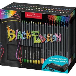 imageFaberCastell 116418 Colouring Pencils Set with Pen Roll 72 Black Edition Colouring Pencils Includes Metallic and Neon Colours
