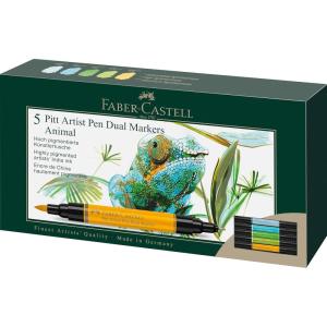 imageFaberCastell Pitt Artist Pen Dual Marker Animals Wallet of 5 Coloured Marker Pens Drawing Home Office Art Colouring