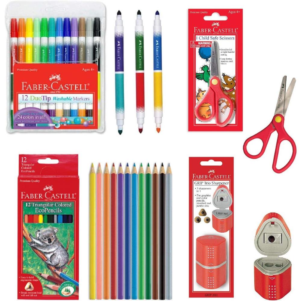 imageFaberCastell Back to School Supplies Set  12 DuoTip Markers 12 Colored Ecopencils Child Safe Scissors ampamp Grip Trio Sharpener Sharpener Color May Vary  RedBlue