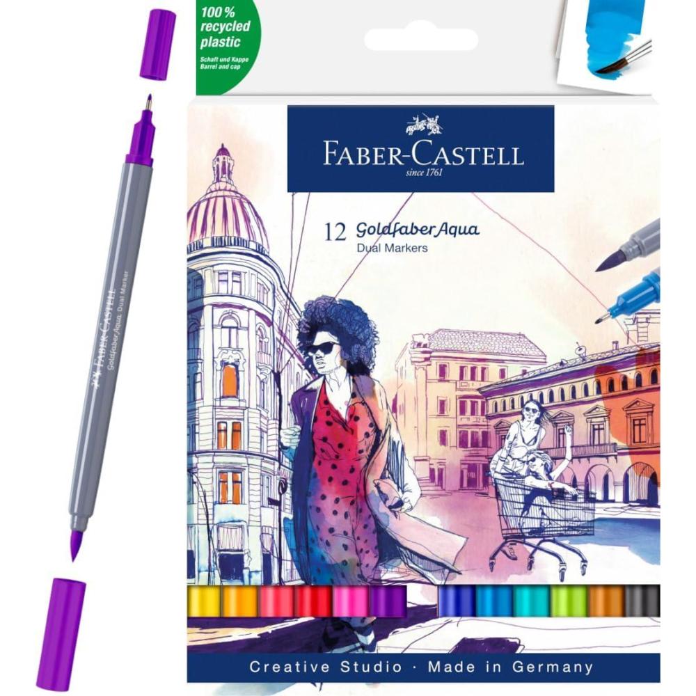 imageFaberCastell Goldfaber Aqua Dual Tip Watercolor Markers  12 Watercolor Brush Pens Watercolor Markers for Adults Real Brush Nib and Fineliner Tip Art Markers