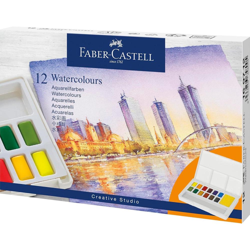 imageFaberCastell Portable Watercolor Palette Paint Set  48 Water Colors in Half Pans with Mixing Palette and Painting Accessories Travel Watercolor Brush and Sponge003 Fl Oz Pack of 1