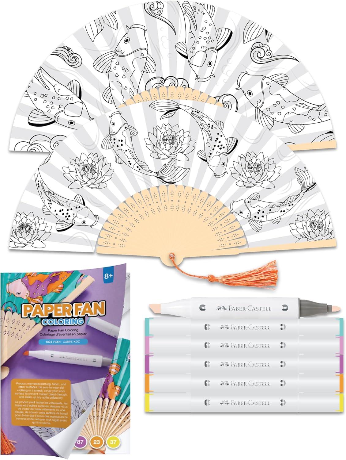 imageFaberCastell Paper Fan Coloring Kit Koi Fish  Folding Fans with DualTip Markers amp PrePrinted Designs  Relaxing DIY Craft Kids Activities and Easter Basket Stuffers 2 Fans 6 MarkersKoi Fish
