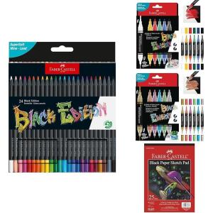 imageFaberCastell Black Edition Art Set 24 Colored Pencils 6 Classic amp 6 Metallic Dual Tip Paint Markers with 9 X 12 Black Paper Pad 25 Sheets