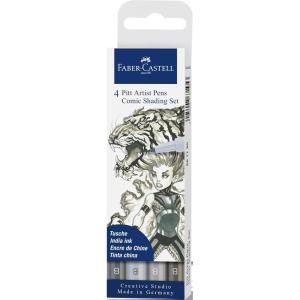 imageFaberCastell Creative Studio Pitt Artist Pen Brush India Ink Pen Comic Shading Set Pack of 4 for Art Craft Drawing Sketching Home School University Colouring