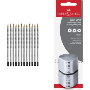 imageFaberCastell Grip Graphite Pencils No 25 8mm 12 Count with Grip Trio Silver Pencil Sharpener Bundle