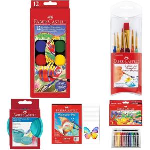 imageFaberCastell Kids Watercolor Art Set 12 Washable Colors 15 Watercolor Crayons 6 Brushes 15Sheet Paper Pad amp Portable Water Cup